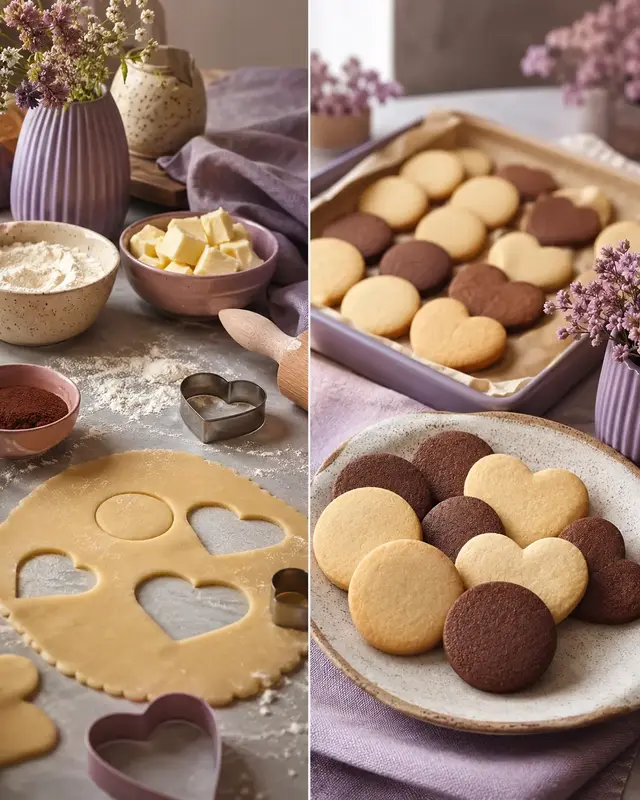Comparativo visual antes e depois mostrando insegurança no começo e primeira fornada organizada de biscoitos.