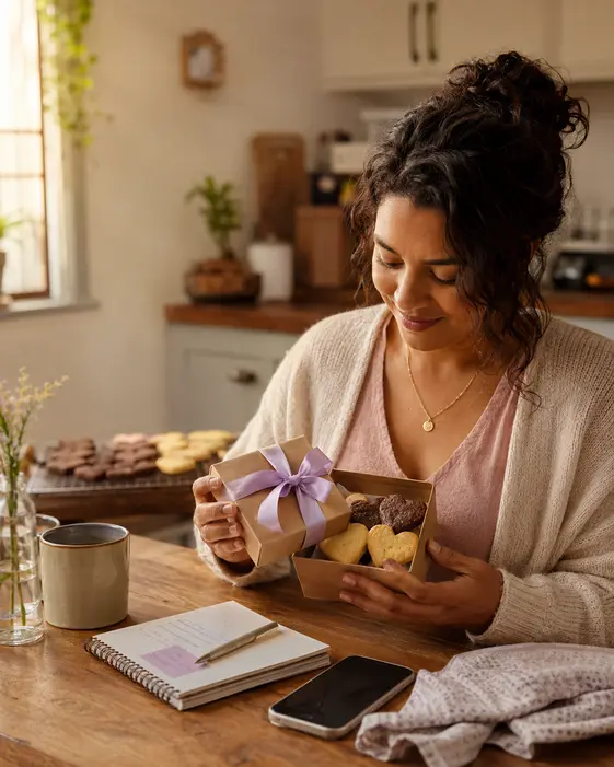 Mesa elegante com biscoitos amanteigados artesanais em formatos redondos e de coração